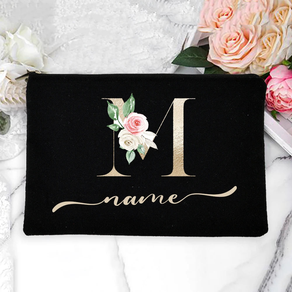 Personalized Name Women Makeup Bag Alphabet Flowers Canvas Cosmetic Cases
