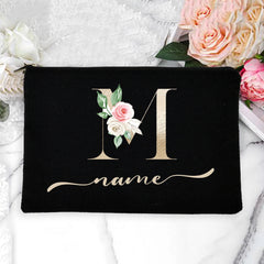 Personalized Name Women Makeup Bag Alphabet Flowers Canvas Cosmetic Cases
