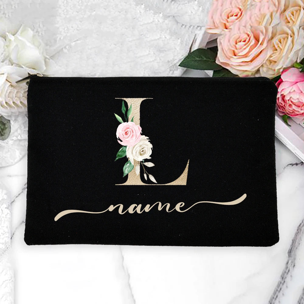 Personalized Name Women Makeup Bag Alphabet Flowers Canvas Cosmetic Cases