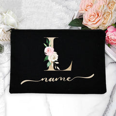 Personalized Name Women Makeup Bag Alphabet Flowers Canvas Cosmetic Cases