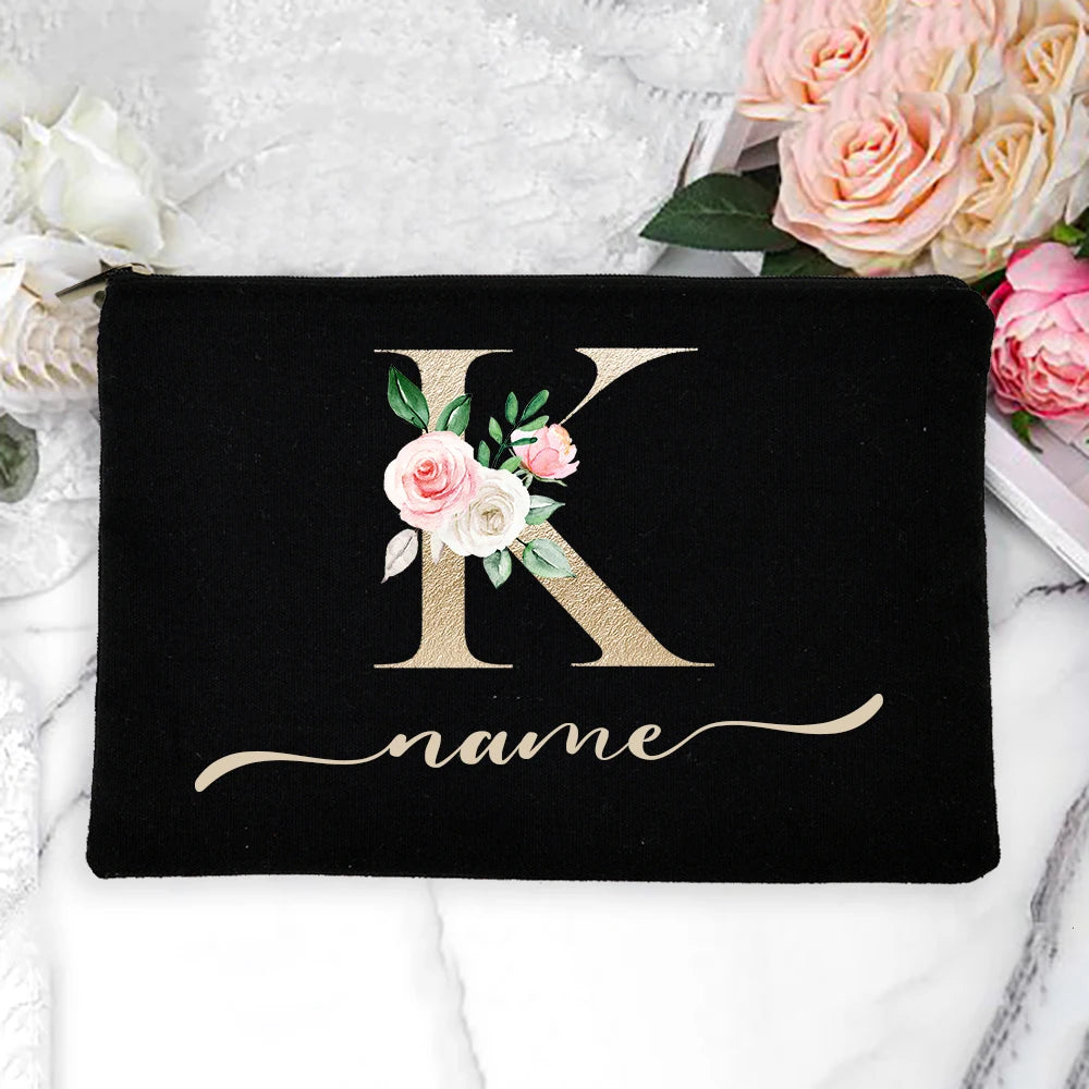 Personalized Name Women Makeup Bag Alphabet Flowers Canvas Cosmetic Cases