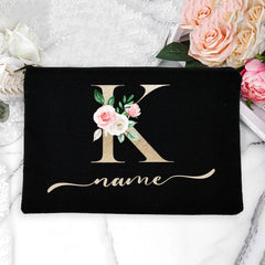 Personalized Name Women Makeup Bag Alphabet Flowers Canvas Cosmetic Cases