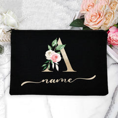 Personalized Name Women Makeup Bag Alphabet Flowers Canvas Cosmetic Cases