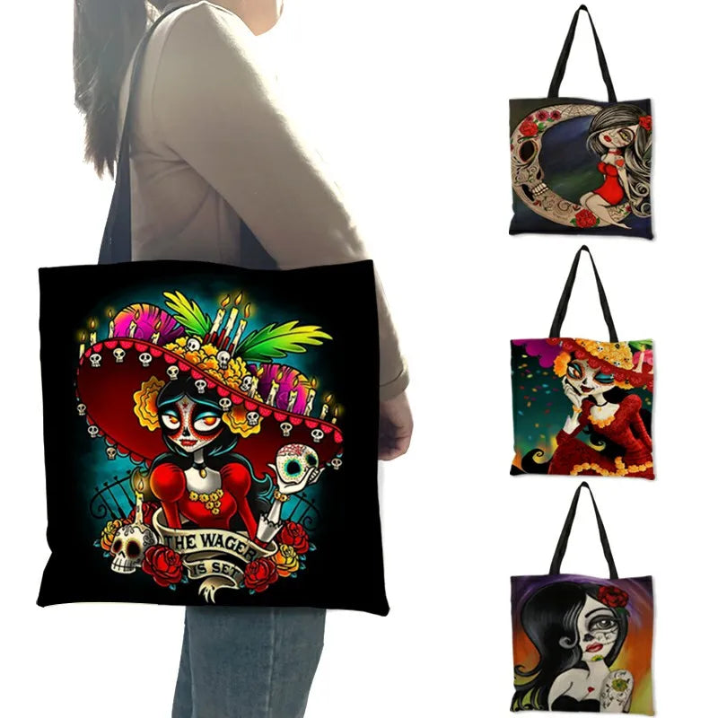 Skull Princess Women Tote Bag Skeleton Print Reusable Shopping Handbag