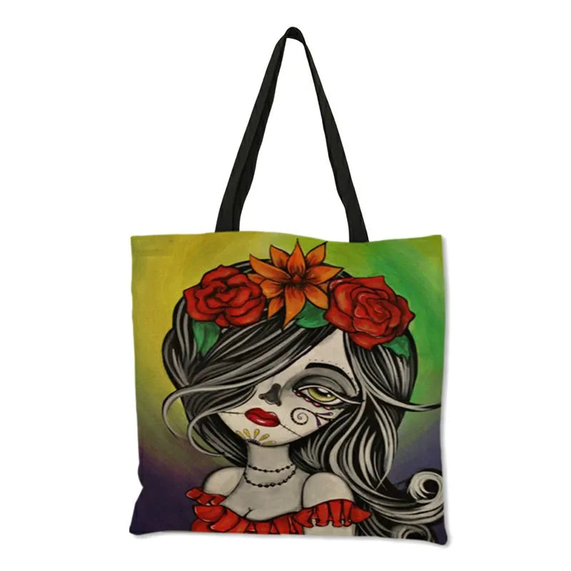 Skull Princess Women Tote Bag Skeleton Print Reusable Shopping Handbag