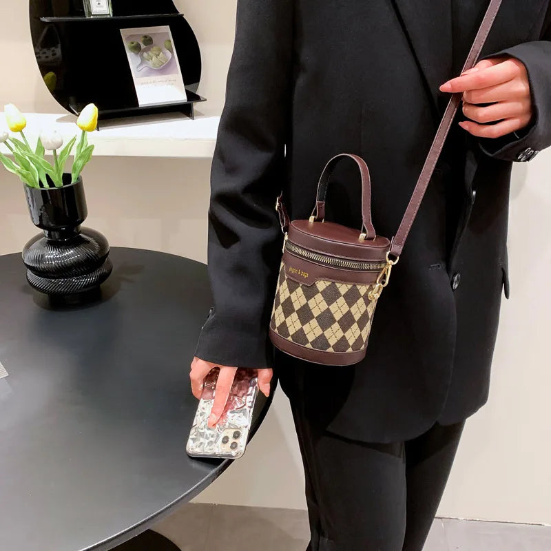 Rhombus Patchwork Bucket Bag Casual Crossbody Cylinder Bag