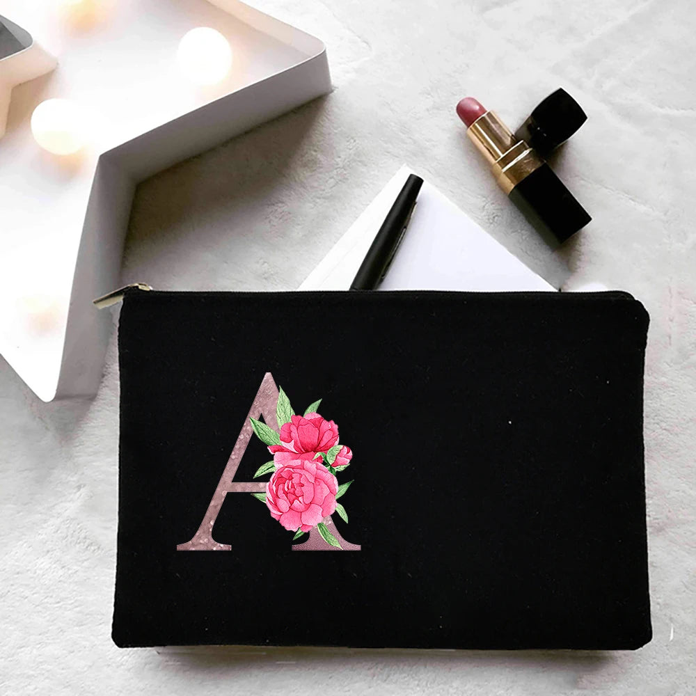 Personalized Women Makeup Bag Canvas Cosmetic Cases Handbag Pink Flowers Letter