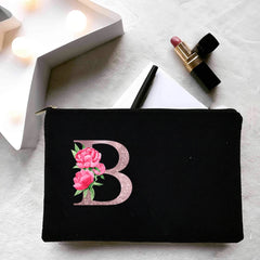 Personalized Women Makeup Bag Canvas Cosmetic Cases Handbag Pink Flowers Letter