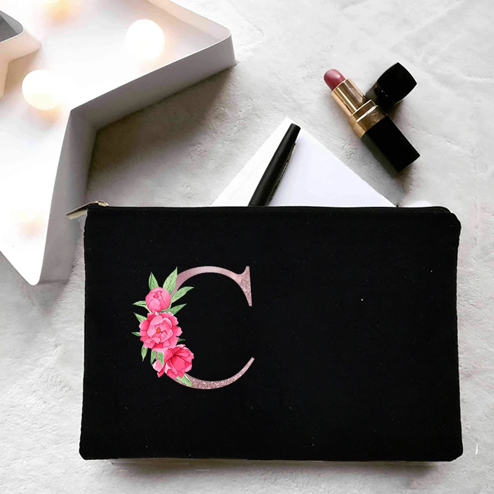 Personalized Women Makeup Bag Canvas Cosmetic Cases Handbag Pink Flowers Letter