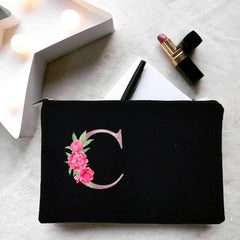 Personalized Women Makeup Bag Canvas Cosmetic Cases Handbag Pink Flowers Letter