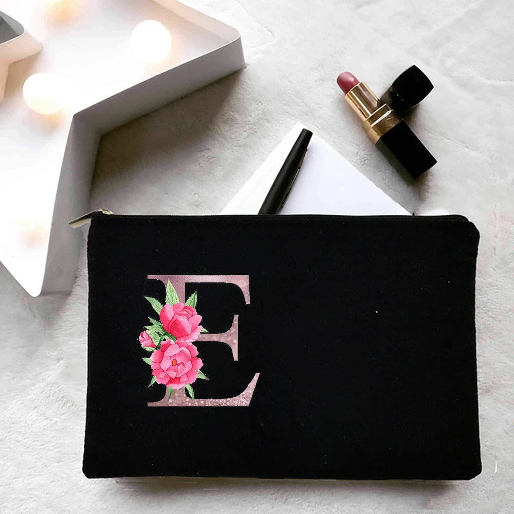 Personalized Women Makeup Bag Canvas Cosmetic Cases Handbag Pink Flowers Letter