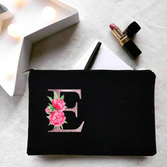 Personalized Women Makeup Bag Canvas Cosmetic Cases Handbag Pink Flowers Letter