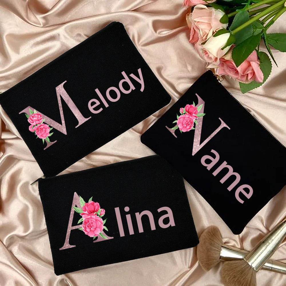 Personalized Women Makeup Bag Canvas Cosmetic Cases Handbag Pink Flowers Letter