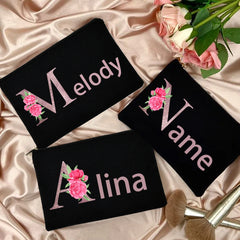 Personalized Women Makeup Bag Canvas Cosmetic Cases Handbag Pink Flowers Letter