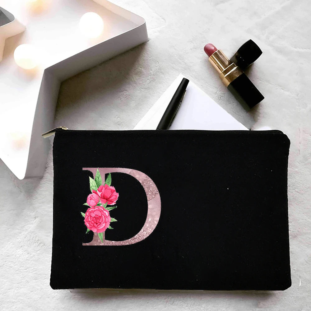 Personalized Women Makeup Bag Canvas Cosmetic Cases Handbag Pink Flowers Letter
