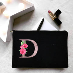 Personalized Women Makeup Bag Canvas Cosmetic Cases Handbag Pink Flowers Letter