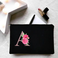 Personalized Women Makeup Bag Canvas Cosmetic Cases Handbag Pink Flowers Letter