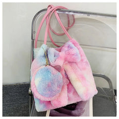 Pink Bow Women Plush Shoulder Bags Bucket Bags Faux Fur Handbag