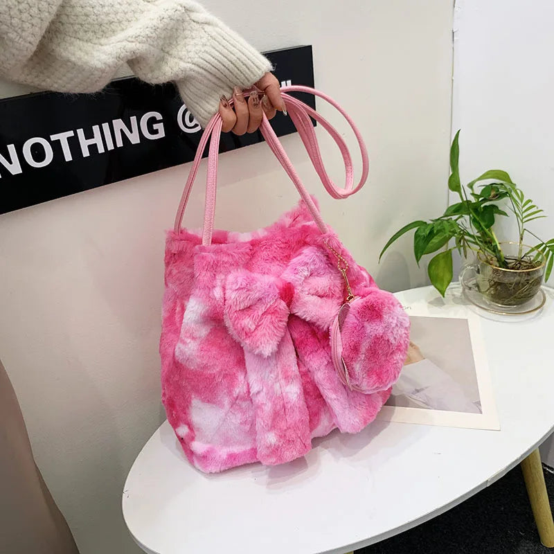 Pink Bow Women Plush Shoulder Bags Bucket Bags Faux Fur Handbag