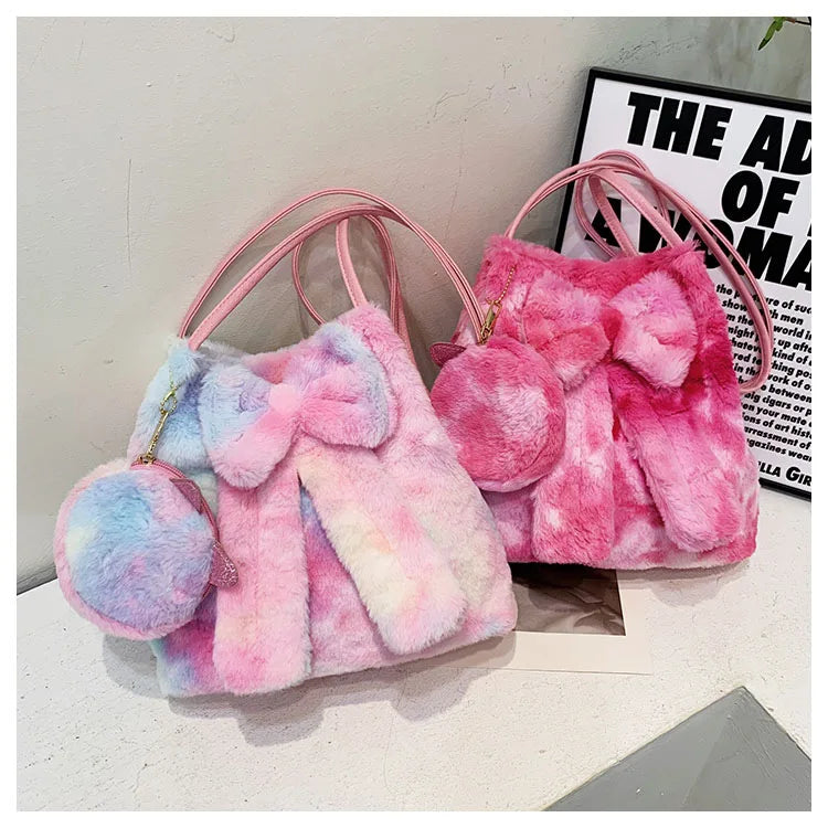 Pink Bow Women Plush Shoulder Bags Bucket Bags Faux Fur Handbag