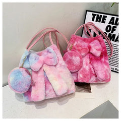 Pink Bow Women Plush Shoulder Bags Bucket Bags Faux Fur Handbag