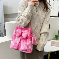 Pink Bow Women Plush Shoulder Bags Bucket Bags Faux Fur Handbag