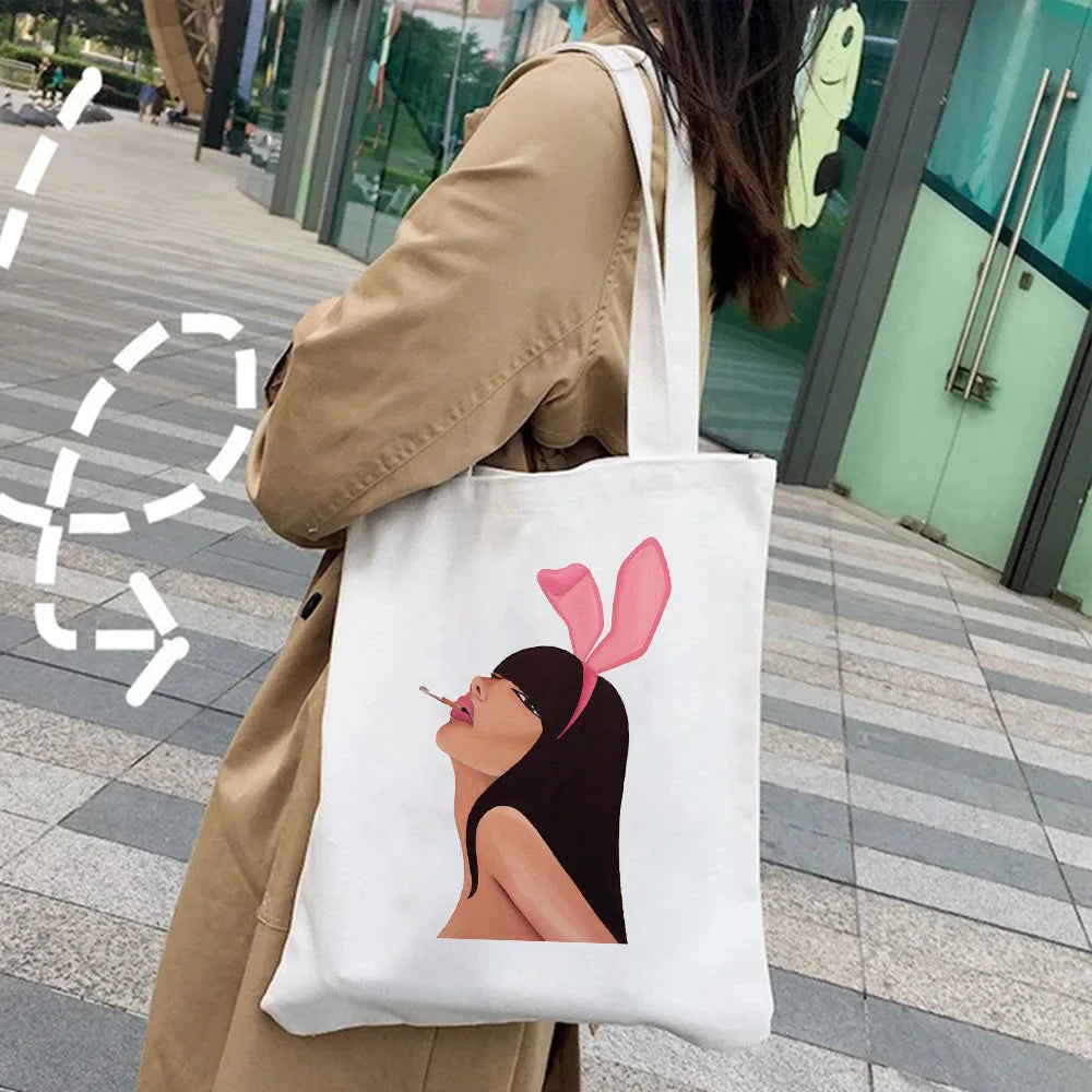 Pink Bunny Girl Rabbit Cat Women Shopper Bag Handbag Tote Shoulder Canvas