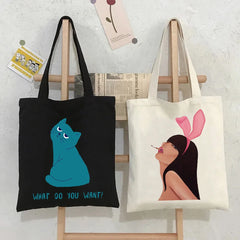 Pink Bunny Girl Rabbit Cat Women Shopper Bag Handbag Tote Shoulder Canvas