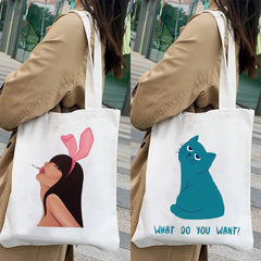 Pink Bunny Girl Rabbit Cat Women Shopper Bag Handbag Tote Shoulder Canvas