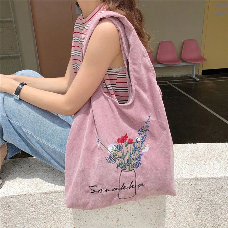 Pink Corduroy Shoulder Bag Women Sweet Flower Embroidery Shopping Bags