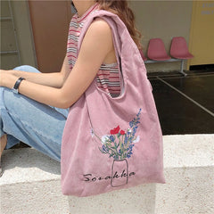 Pink Corduroy Shoulder Bag Women Sweet Flower Embroidery Shopping Bags