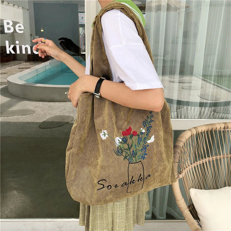 Pink Corduroy Shoulder Bag Women Sweet Flower Embroidery Shopping Bags