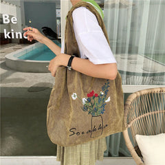 Pink Corduroy Shoulder Bag Women Sweet Flower Embroidery Shopping Bags