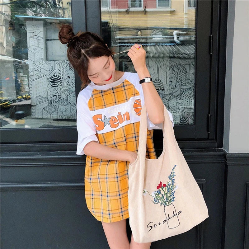Pink Corduroy Shoulder Bag Women Sweet Flower Embroidery Shopping Bags