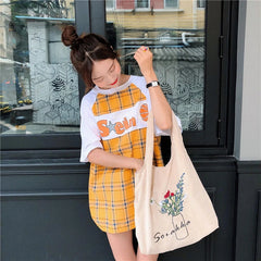 Pink Corduroy Shoulder Bag Women Sweet Flower Embroidery Shopping Bags