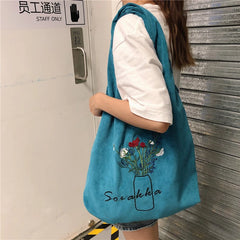 Pink Corduroy Shoulder Bag Women Sweet Flower Embroidery Shopping Bags