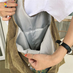 Pink Corduroy Shoulder Bag Women Sweet Flower Embroidery Shopping Bags