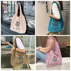 Pink Corduroy Shoulder Bag Women Sweet Flower Embroidery Shopping Bags