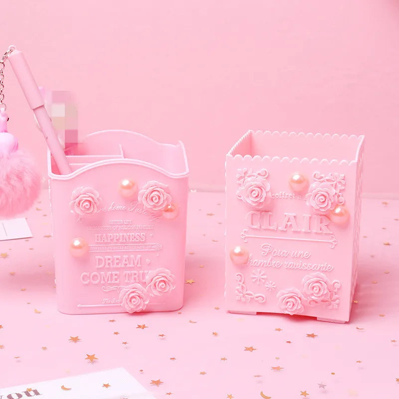 Pink Rose Flower Makeup Box Organizer Student Desktop Storage Bucket