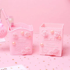 Pink Rose Flower Makeup Box Organizer Student Desktop Storage Bucket