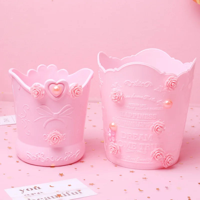 Pink Rose Flower Makeup Box Organizer Student Desktop Storage Bucket