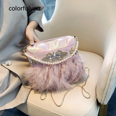 Pink Feather Diamond Small Crossbody Bag for Women Wedding Party Clutch