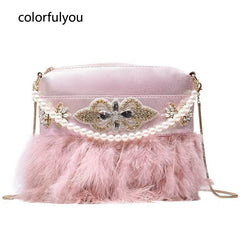 Pink Feather Diamond Small Crossbody Bag for Women Wedding Party Clutch