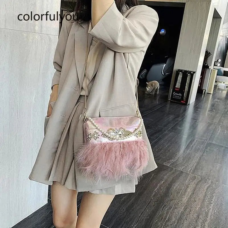 Pink Feather Diamond Small Crossbody Bag for Women Wedding Party Clutch
