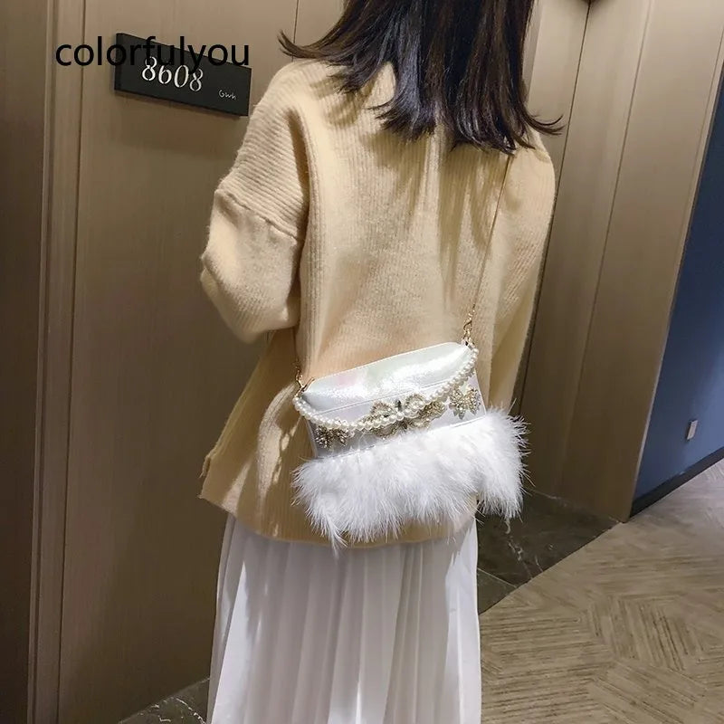 Pink Feather Diamond Small Crossbody Bag for Women Wedding Party Clutch