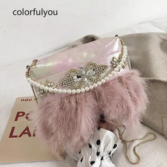 Pink Feather Diamond Small Crossbody Bag for Women Wedding Party Clutch
