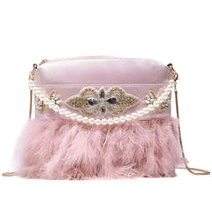 Pink Feather Diamond Small Crossbody Bag for Women Wedding Party Clutch