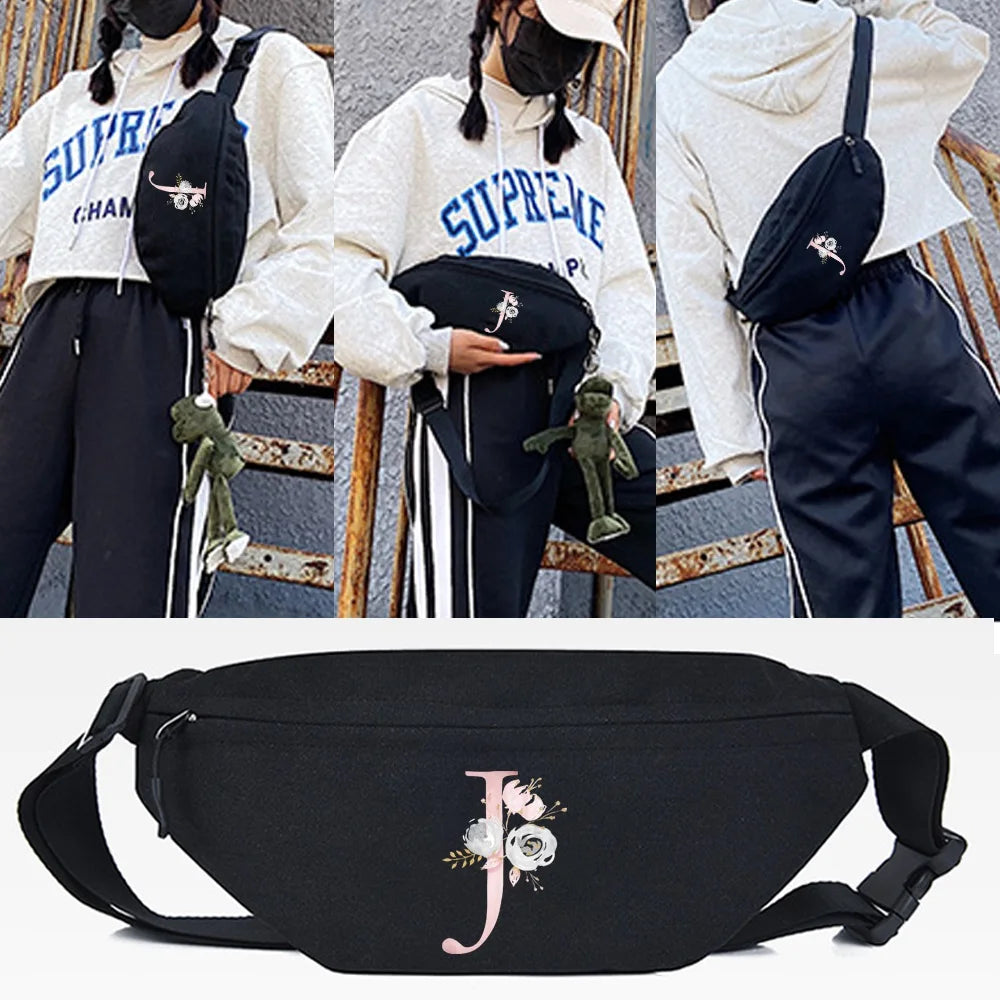 Pink Flower J Print Waist Bags Unisex Crossbody Shoulder Pack