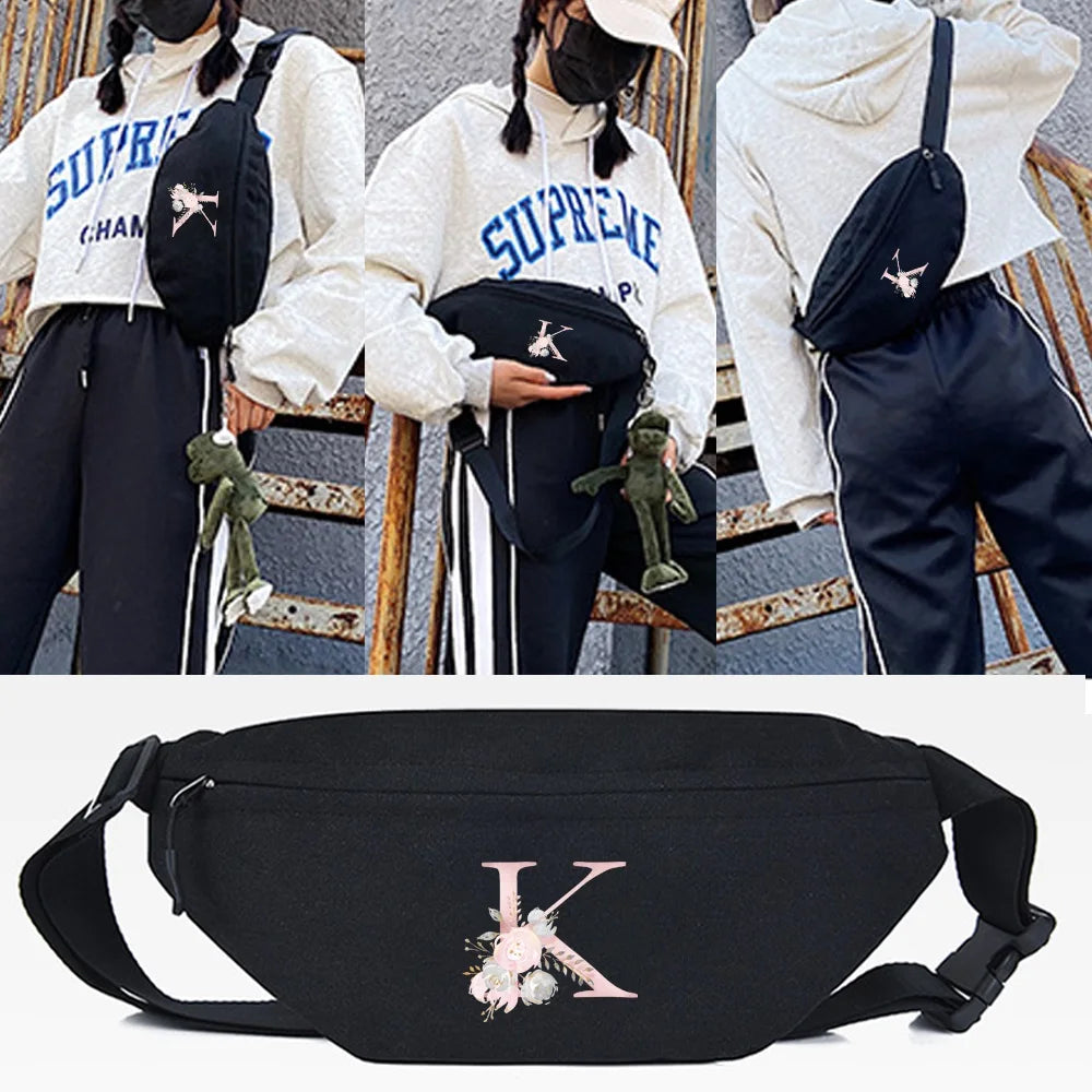 Pink Flower K Print Waist Bag Men Chest Pack Korean-Style Shoulder Bag