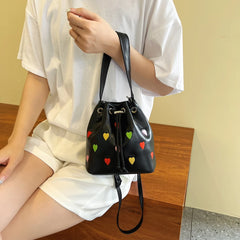 Pink Heart Embroidered Bucket Purse Women Messenger Bag